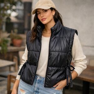 Pilcro Anthropologie Black Quilted Side Tie Puffer Vest One Size OS